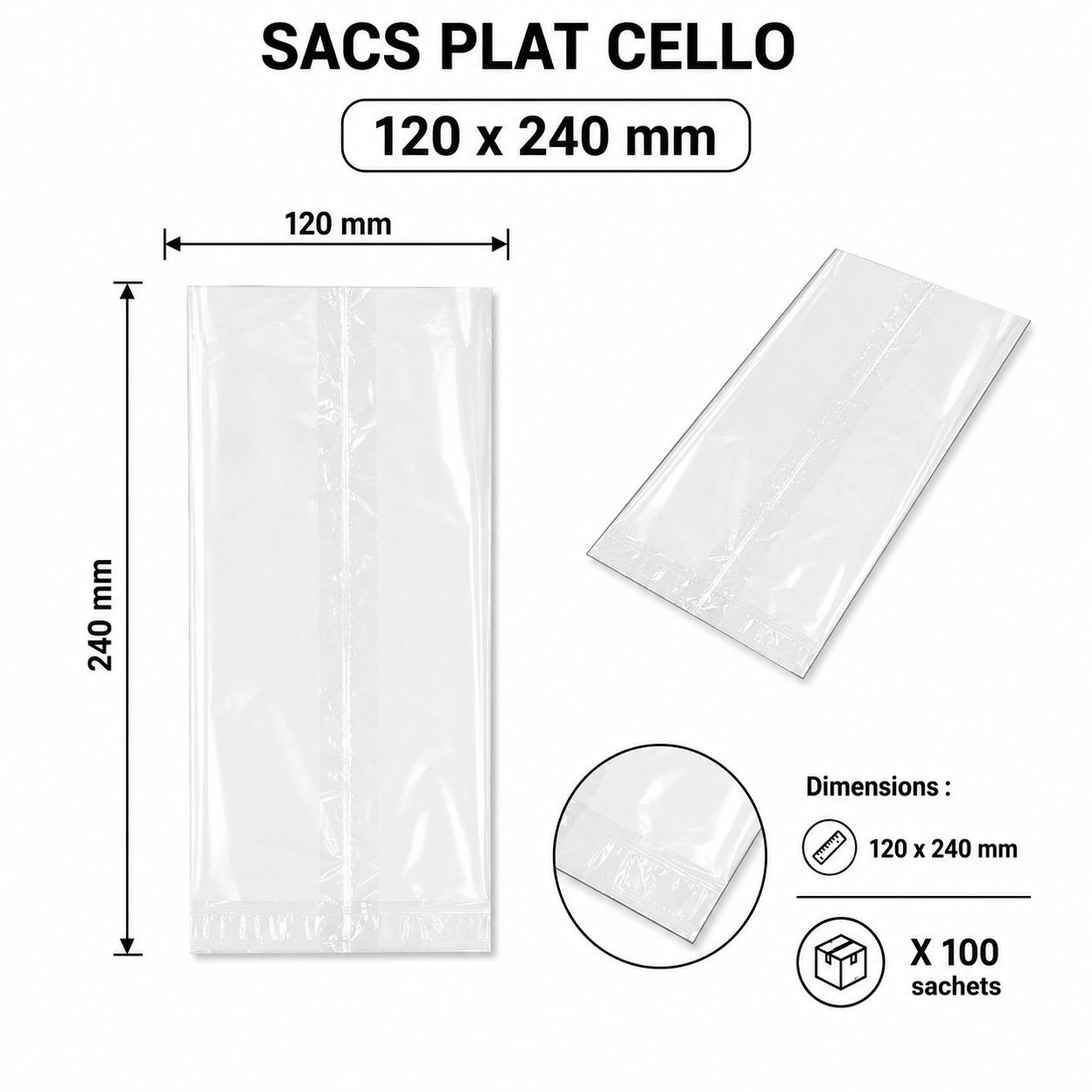 Sacs Plats Cellophane Transparent 120 x 240 mm – Lot de 100 Sachets d’Emballage Alimentaire