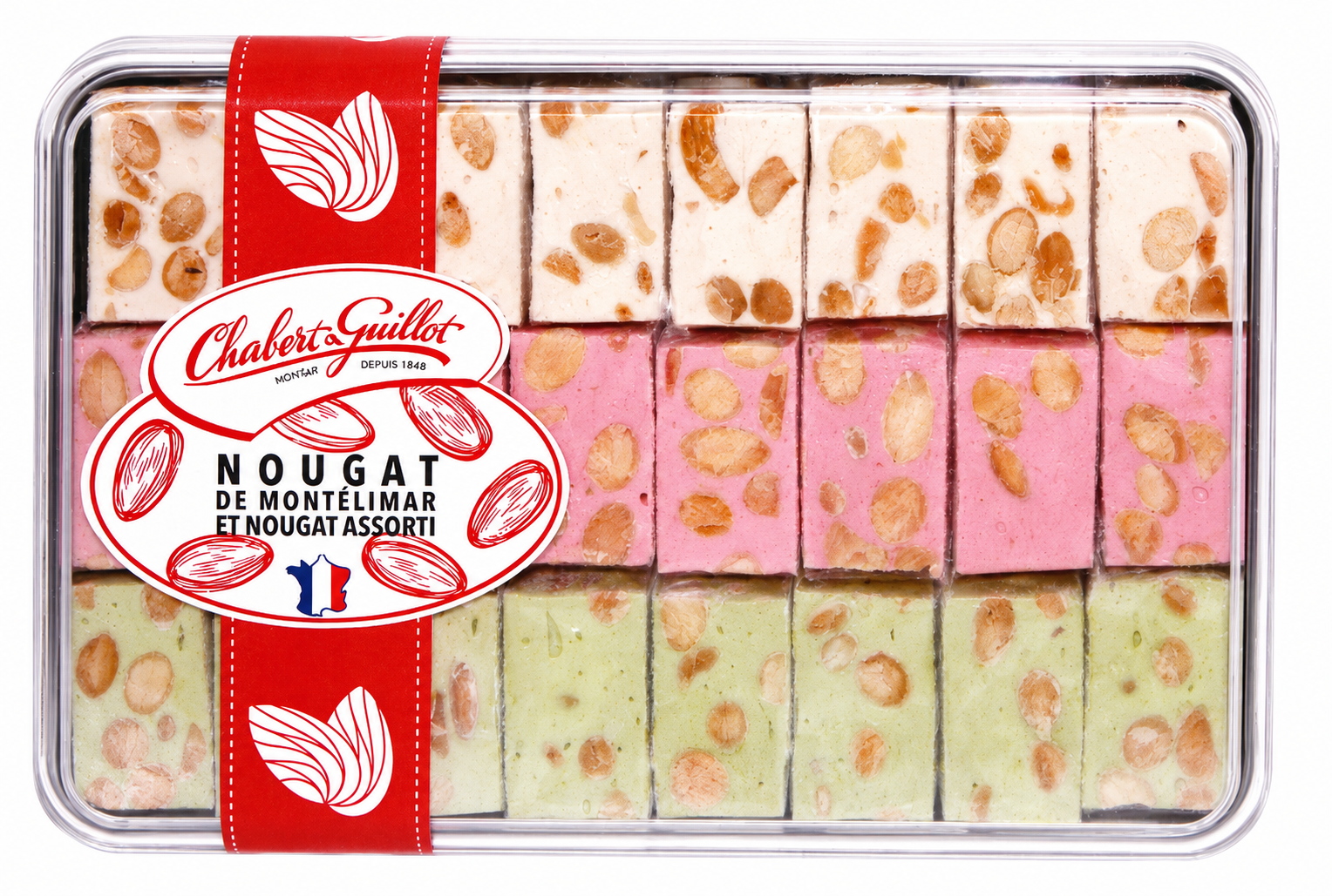 Boîte métal d'assortiment de nougat vanille, framboise, pistache 250gr