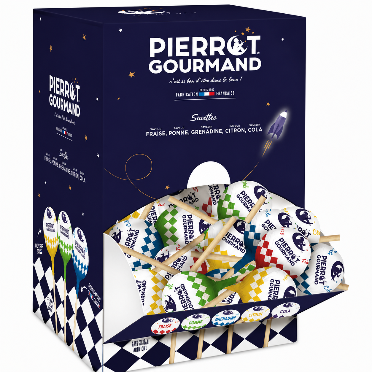 Boite de 150 sucettes aux fruits Pierrot Gourmand