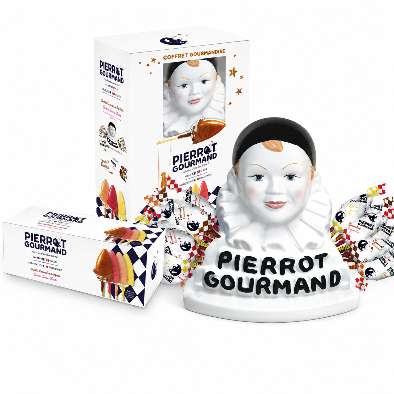 Coffret buste Pierrot Gourmand avec 40 sucettes assorties