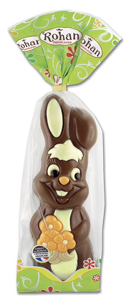 Moulage Lapin debout avec bouquet de fleurs au chocolat au lait 200g Rohan