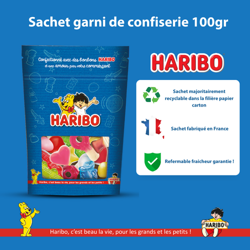 Sachet papiers haribo Bonbons emblématiques dans un sachet papier Haribo, parfait pour les gourmands.