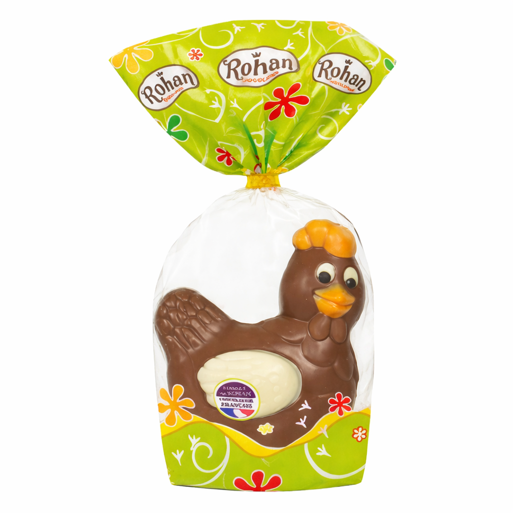 Poule en chocolat au lait 125G décorée Rohan