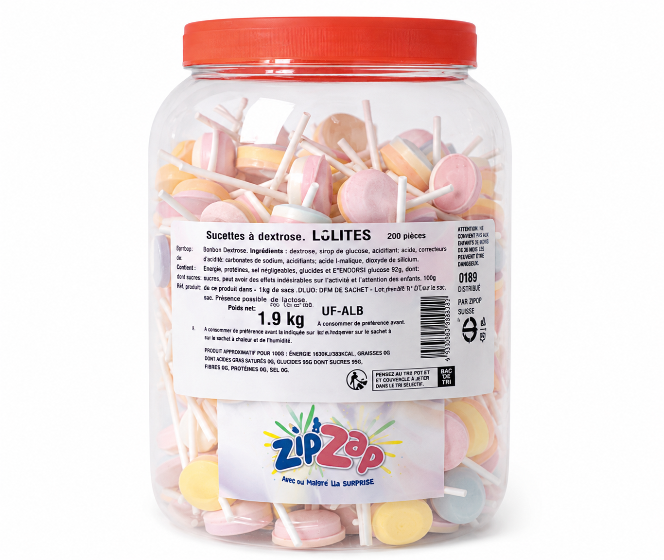 Sucettes Lollies au Dextrose – Tubo de 200 pièces – Zip  Zap
