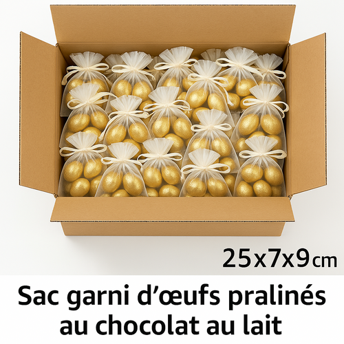lot de 25 Sacs de 6 Œufs Pralinés Chocolat au Lait sous alu or