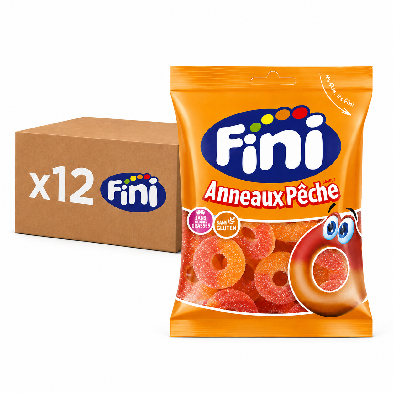 Carton de 12 sachets Anneaux Pêche Fizz Halal Fini 90 g