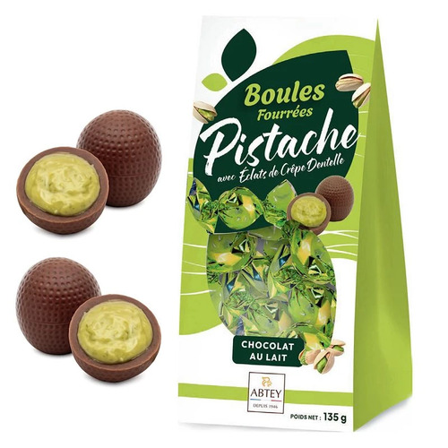 Chocolat au lait fourré à la pistache avec éclats de crêpe dentelle. sachet de 135g, ABTEY