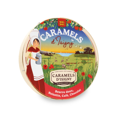 Boîte bois ronde caramels assortis tradition – Caramels d’Isigny – 150 g