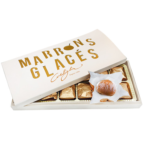 Marrons glacés entiers, TURIN, enveloppés sous or, coffret en bois Golden de 8, 160gr, Corsiglia