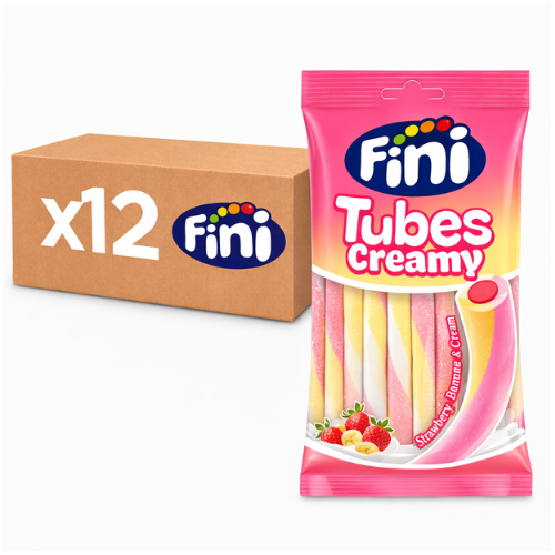 Carton de 12 sachets de 80 g Bonbons Tubes Creamy Fraise Banane Halal Fini
