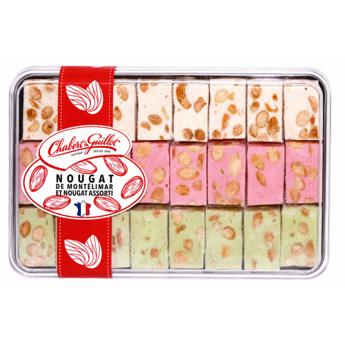 Boîte métal d'assortiment de nougat vanille, framboise, pistache 250gr