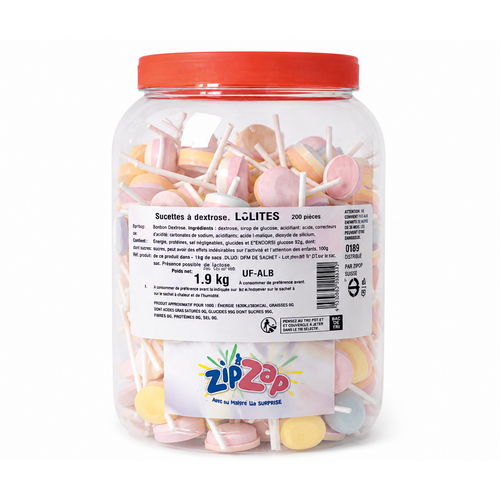 Sucettes Lollies au Dextrose – Tubo de 200 pièces – Zip  Zap