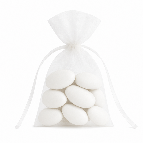 Carton de 20 sacs organdi blancs garnis de 8 dragées blanches catalanes Maison Pécou