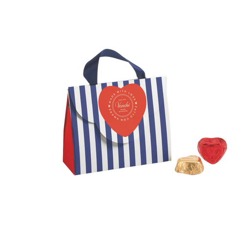 Mini sac chocolat Venchi Valentine avec assortiments de chocolats au lait et noir.